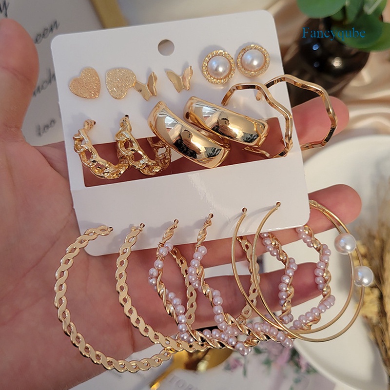 Fancyqube 9 Pasang / Set Anting Stud Desain Bunga Kristal Mutiara Rumbai Oversized Gaya Vintage