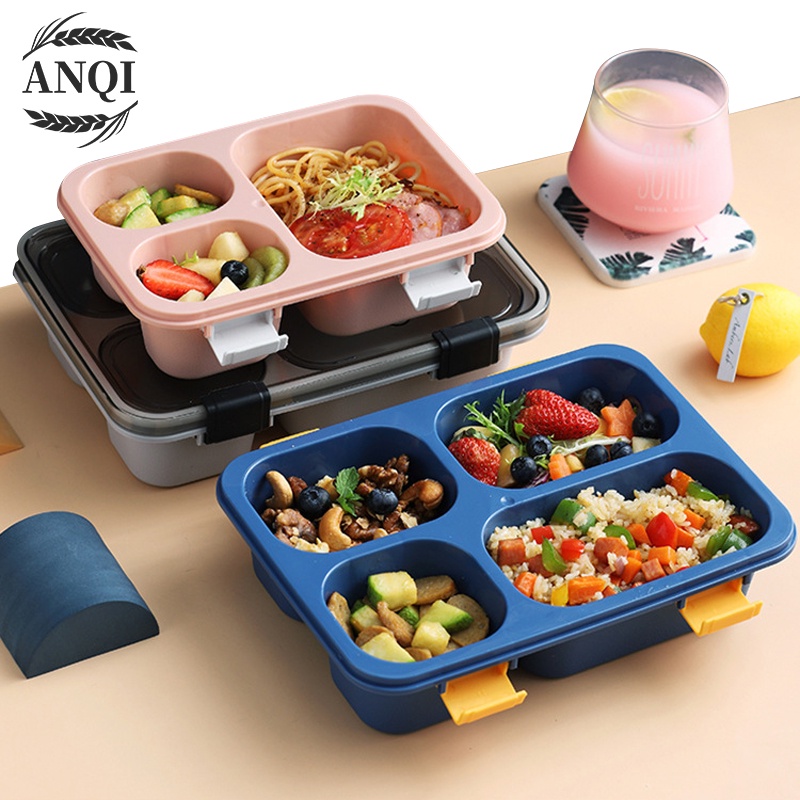 ANQI 1888 Kotak makan 3/4 Grid Lunch Box/Tempat Makan Dan free Sendok/Anti bocor 850ml/1300ml