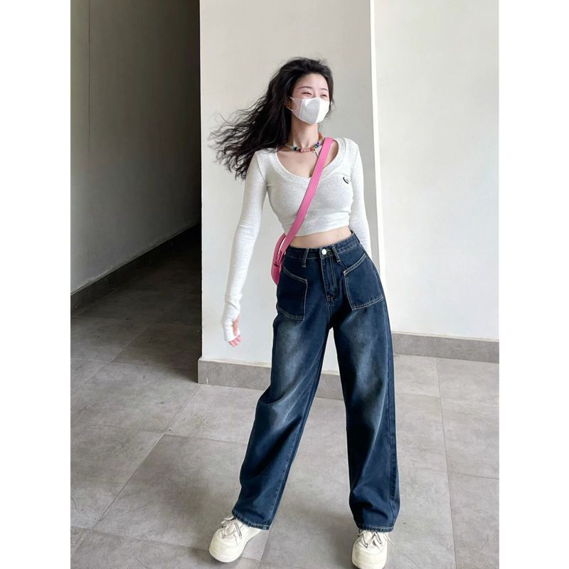 Suhao versi Korea gaya kasual T-shirt lengan panjang wanita awal musim gugur top V-neck bordir desain pinggang tinggi cropped pusar kemeja bottoming pendek trendi