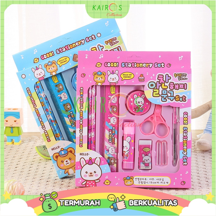 Paket alat tulis 9in1 set karakter Lengkap Stationery Gunting Lem