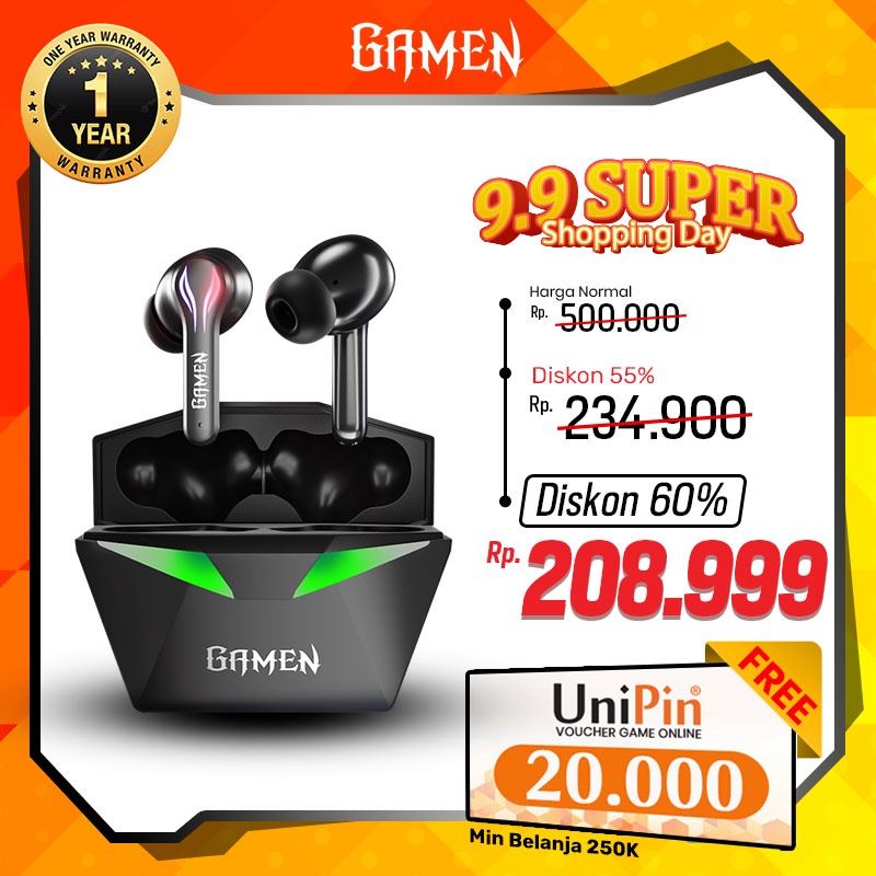 GAMEN Sirens II Headset Earphone TWS Anti Delay Low Latency 60 MS LED HD Sound Original - Garansi Resmi 1 Tahun