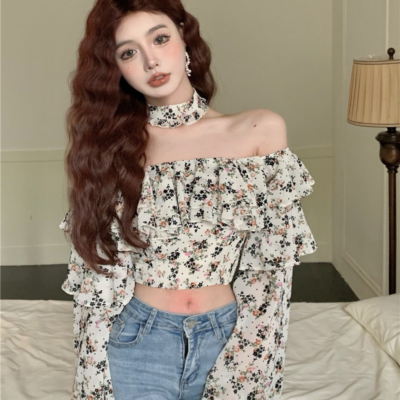 blus korea kemej one-shoulder ruffled pullover floral kemeja lengan panjang gaya pendek wanita kemej