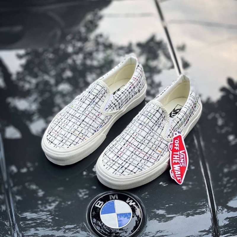 V4NS SLIP-ON WOVEN PLAID MARSHMALLOW WHITE CLASSIC ORIGINAL 100%