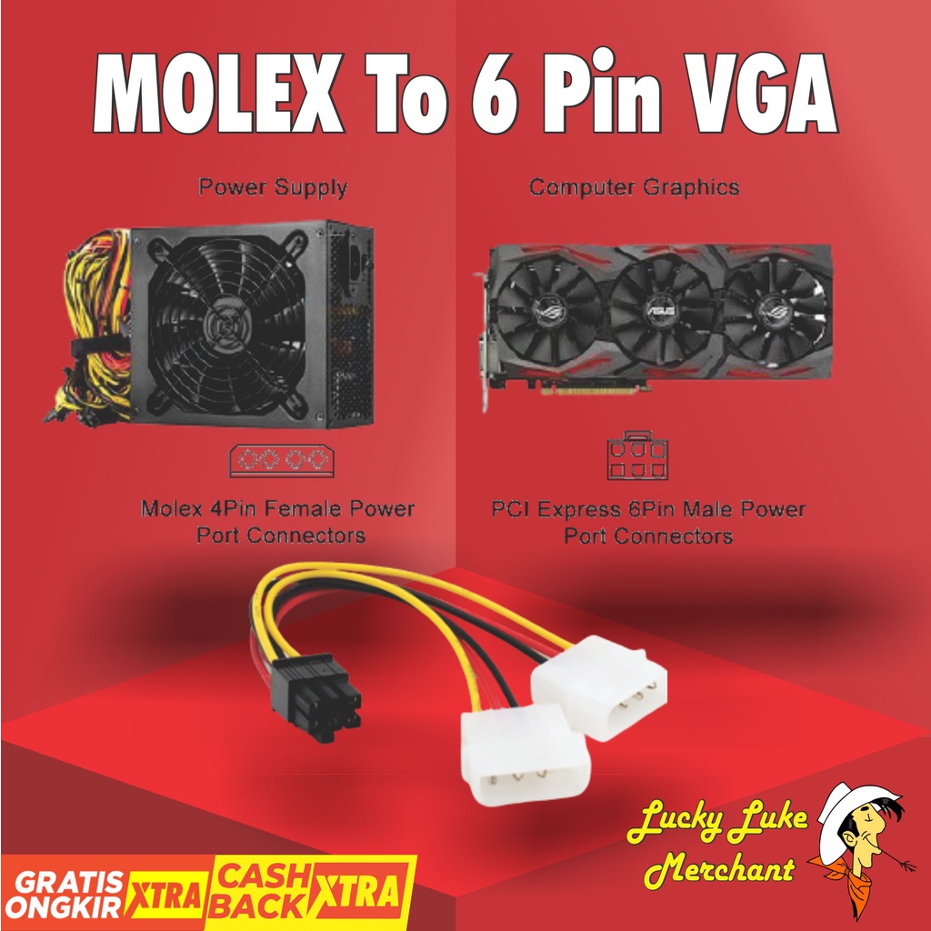 VGA Power 6 pin converter 2x Molex konverter molex ke 6pin cabang 2