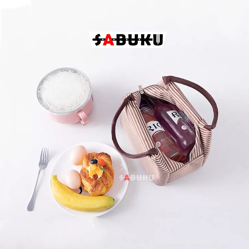 Tas Bekal Makan Model Resleting Cute Lunch Box Makanan Alumunium Kotak Makan Lunch Bag Kotak Stripe - 221