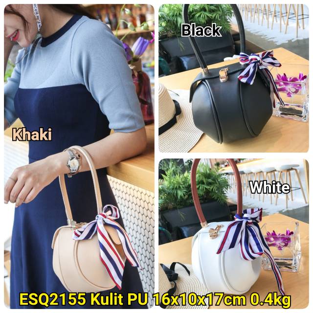 ESQ2155 Tas Pesta Batam Import Hand Bag Wanita Round Gembung Ball Syall Ribbon Stripe