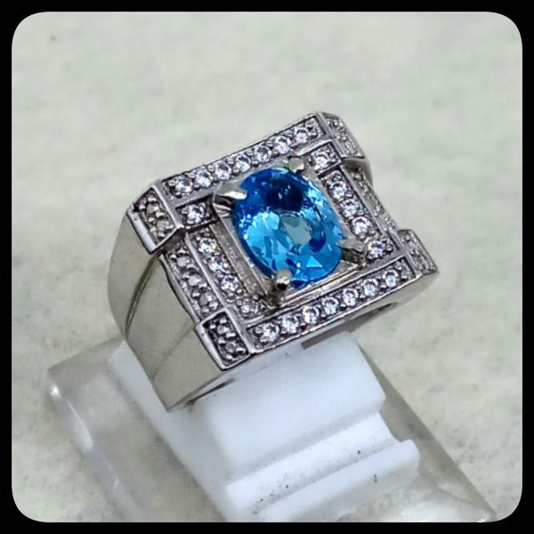 CINCIN BATU AKIK PERMATA NATURAL BLUE TOPAZ LONDON RING ALPAKA SUPER MEWAH GLAMOUR INDAH MEMPESONA