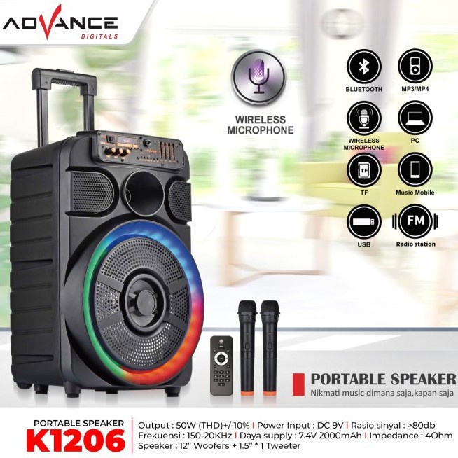 SPEAKER PORTABLE ADVANCE 12&quot; K1206.2 MIC WIRELESS|Garansi Resmi 1Tahun