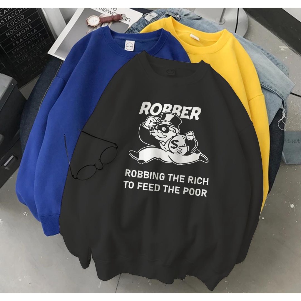 SWEATER UNISEX OVERSIZE ROBBER // ATASAN UNISEX CASUAL PREMIUM SIZE M TO XXL // CREWNECK FLEECE TEBAL HALUS KECE TERBARU,