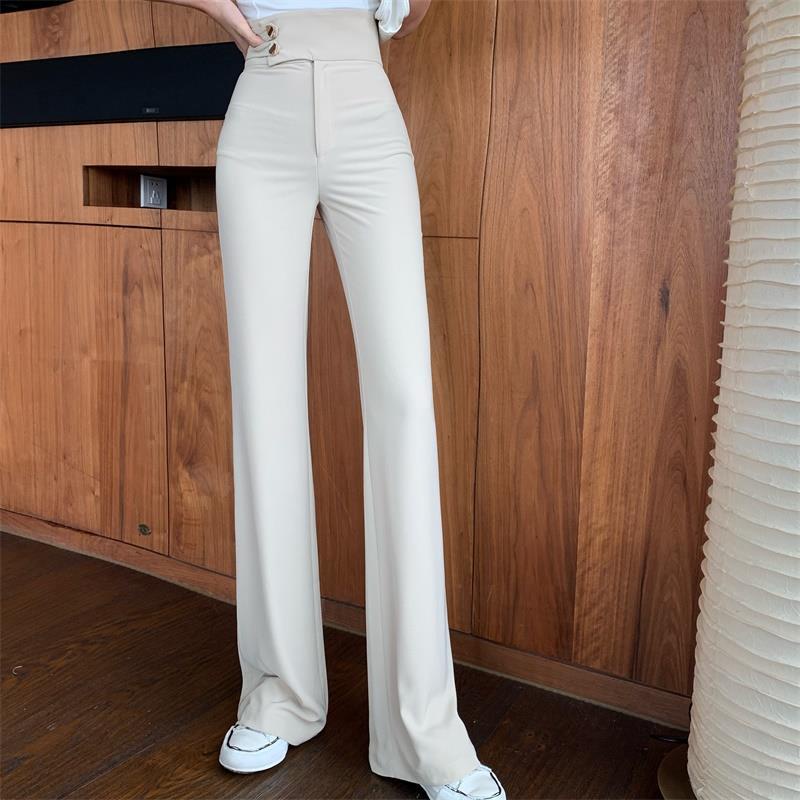 Red Vertikal High Waist Double Button Straight Pants High Waist Slim Casual Pants untuk Wanita Musim Semi Baru Lantai-dragging Celana Lebar