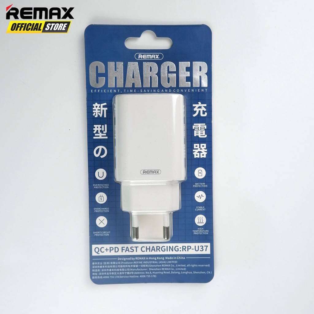 Remax RP-U37 Charger QC + PD Fast Charging Garansi Resmi / Cas Handphone / Charger Handphone