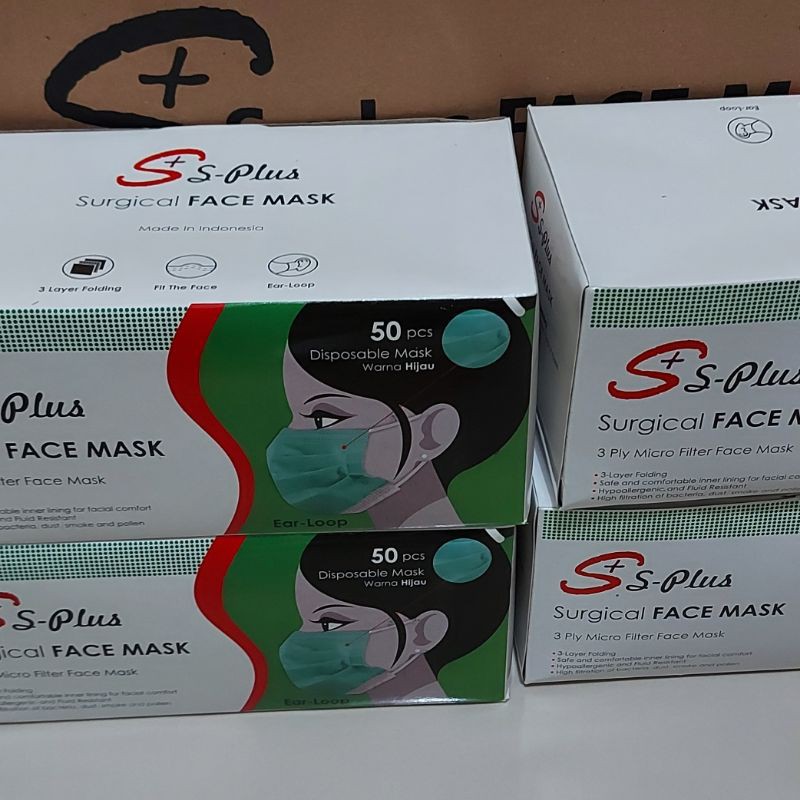 MASKER EARLOP S PLUS 3PLY ISI 50/box hijau. sugrical