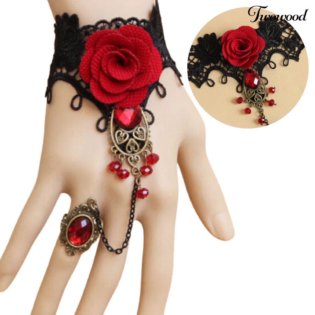 Twowood Rose Decor Black Lace Ring Bracelet Women Faux Gem Faux Pearl Ring Hand Chain Jewelry Accessory