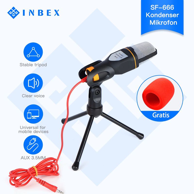 INBEX SF-666 Kondenser Mikrofon dengan Tripod+Mic Cover Untuk komputer Hp Karaoke Fleco