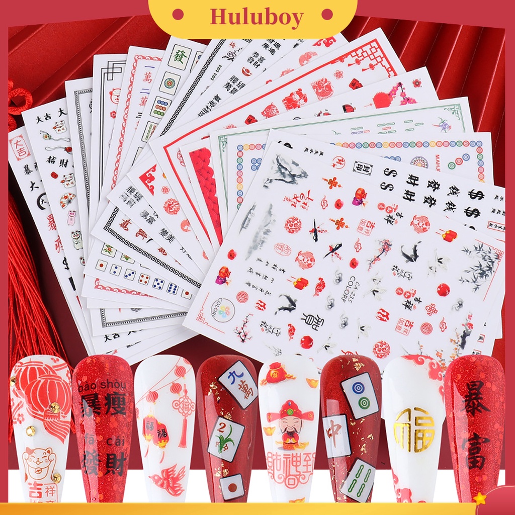 Huluboy Huluboy♡ 3pcs Stiker Kuku Desain Karakter Kaligrafi Cina Untuk Dekorasi Manicure