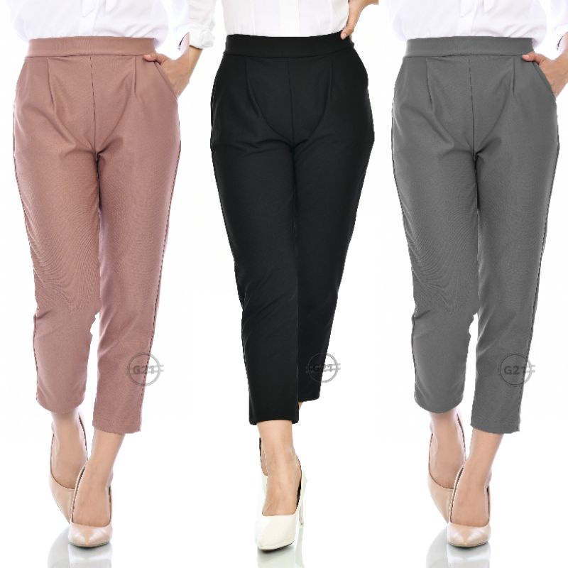 Celana Panjang Pinggang Karet Hitam Wanita Casual Dan Kerja Model Ankle Pants High Premium Quality Celana Panjang Kasual Kantor Formal Bahan Strit Strech Hitam Wanita