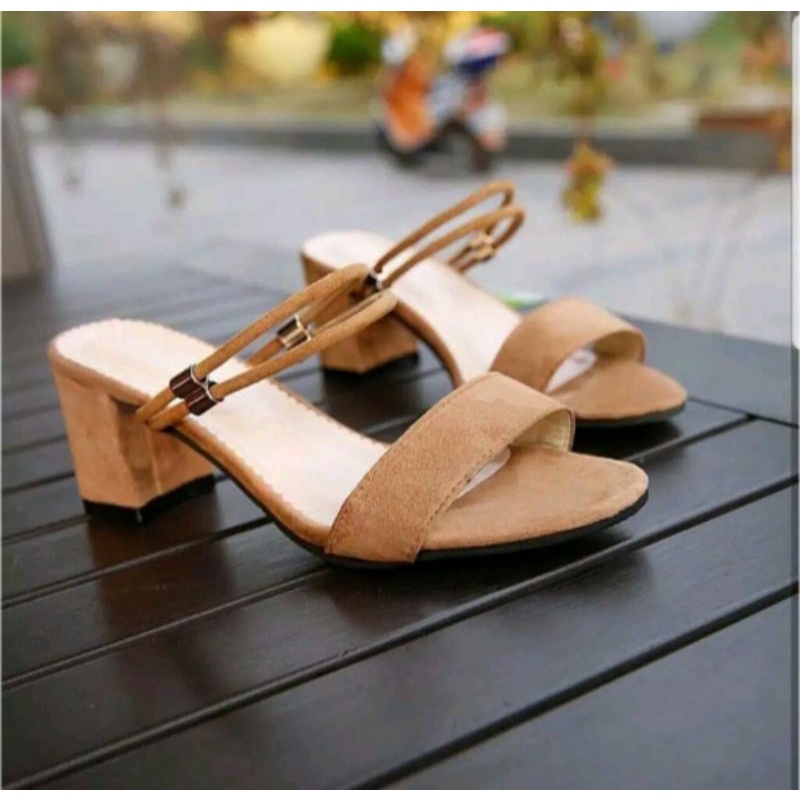 Sandal heels wanita tali bludru 5cm