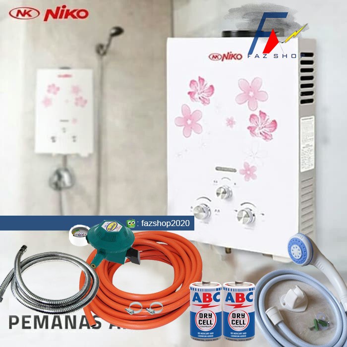 water heater pemanas air mandi gas niko putih KOMPLIT