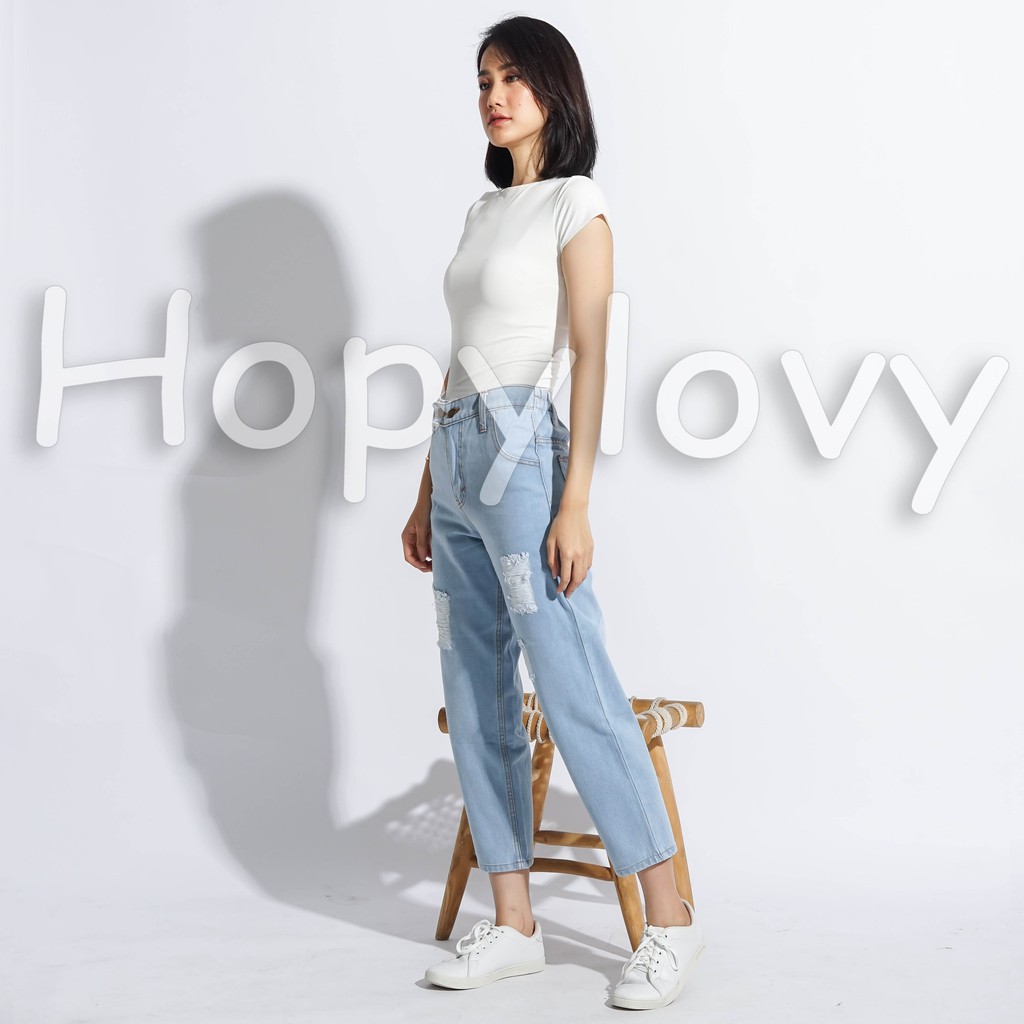 HOPYLOVY - Celana Jeans Boyfriend Wanita Ripped Furing Danita