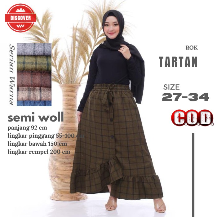 ROK TARTAN PANJANG REMPEL KANCING DEPAN WANITA JUMBO KAIN SEMI WOLL PAKAIAN BAWAHAN WANITA TERBARU