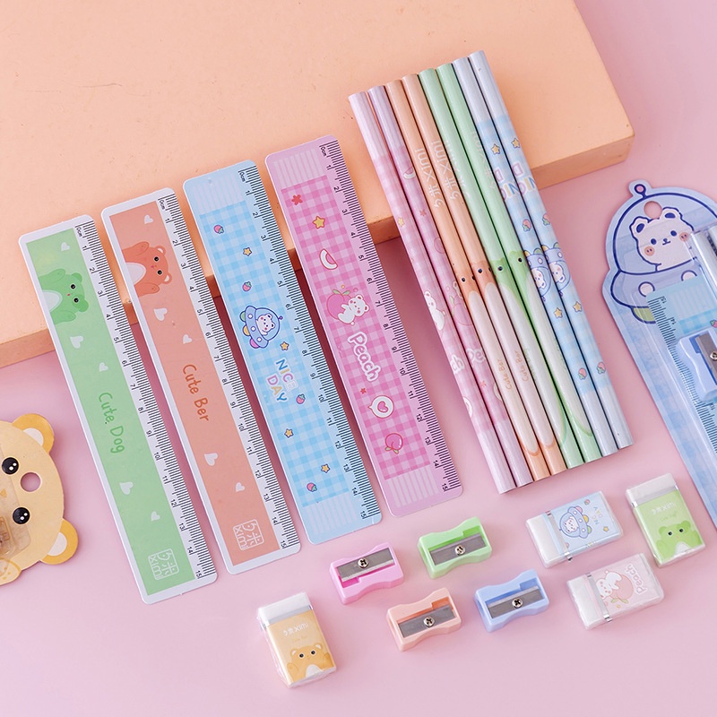 Set Alat Tulis Lucu Imut - Rautan Penghapus Penggaris Pensil