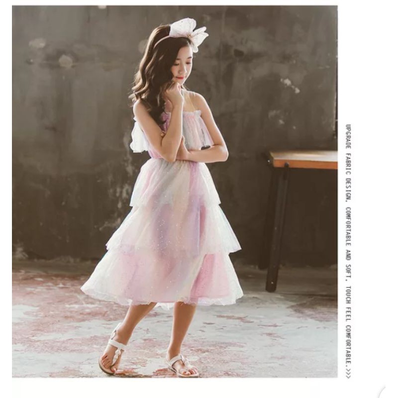 Baju dress rainbow anak cewek remaja import gaun pesta anak perempuan abg premium mewah