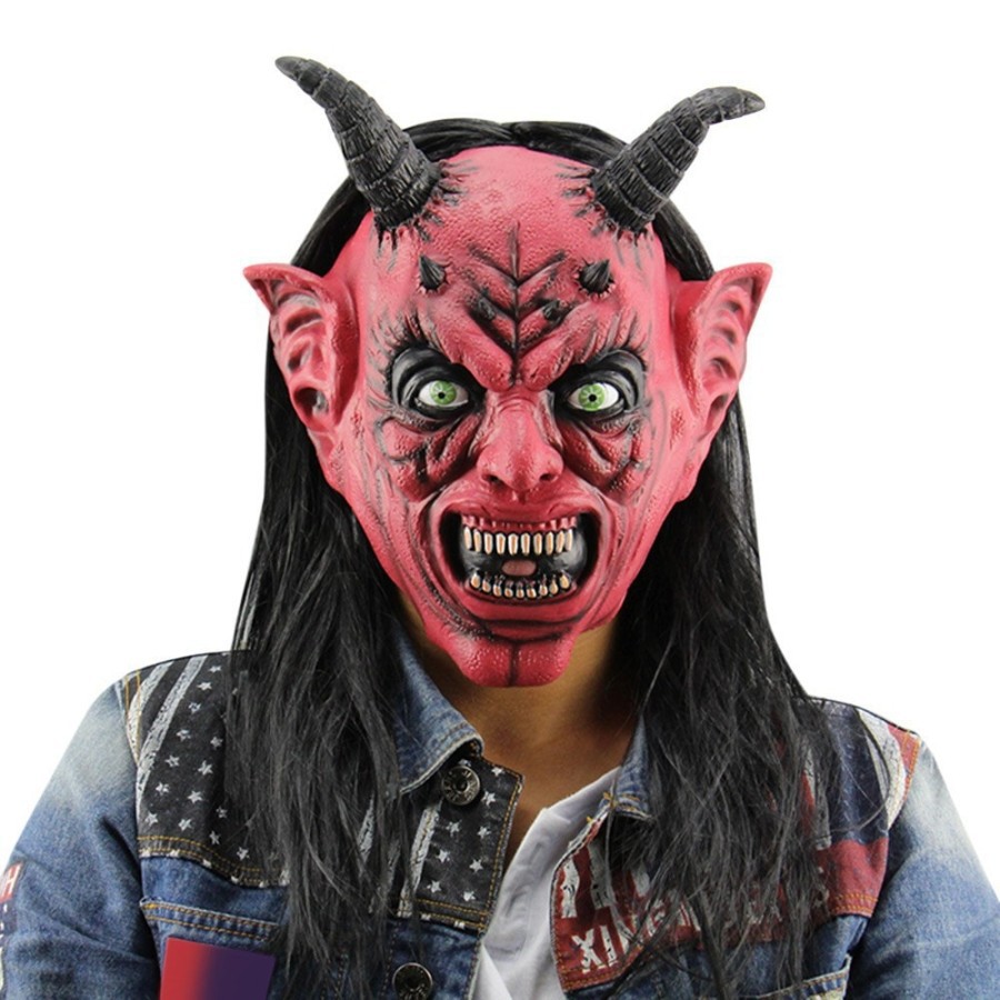 Topeng raja setan iblis satan tanduk dengan wig latex