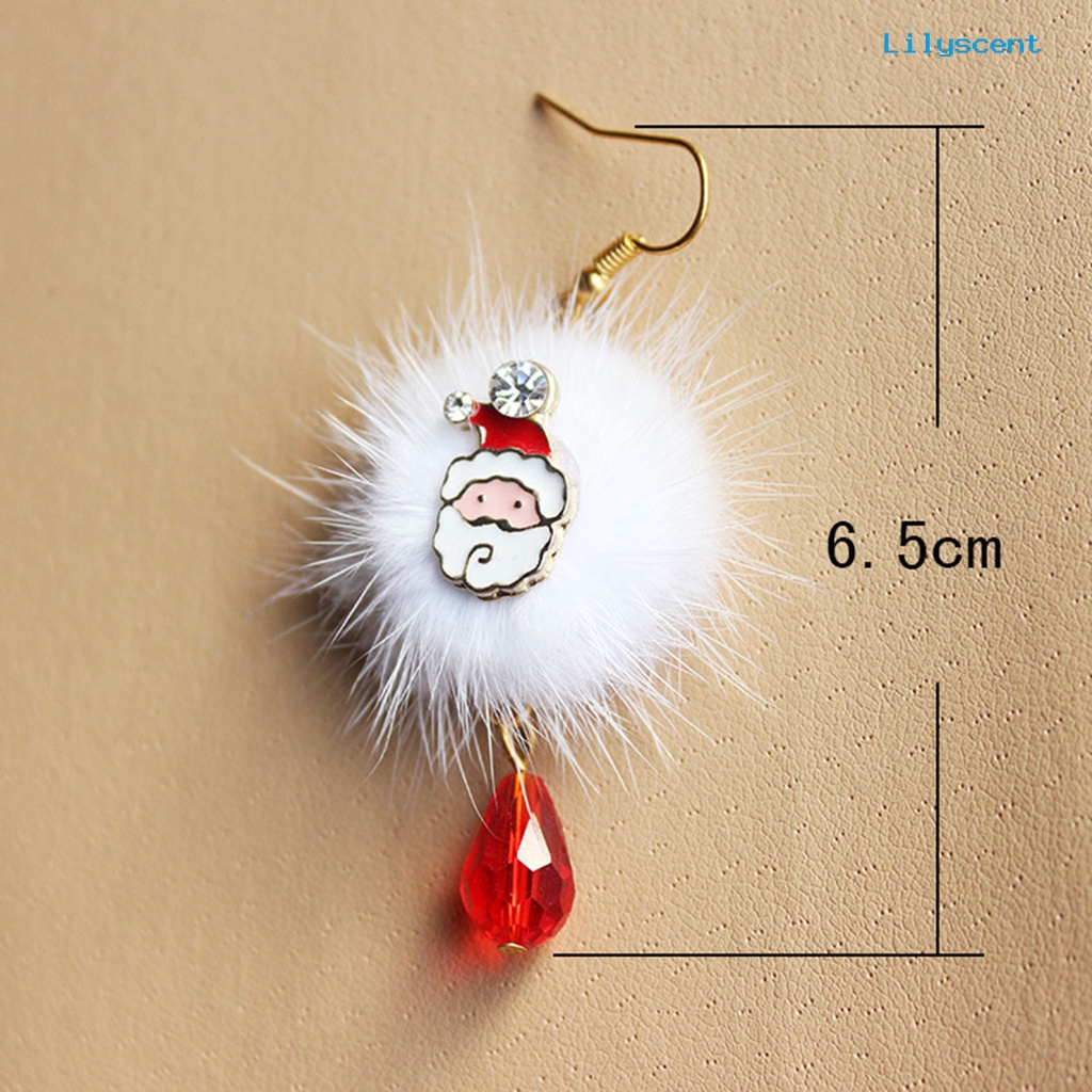 Lilyscent 1 Pair White Plush Ball Red Rhinestone Xmas Earrings Alloy Santa Claus Elk Pendant Hook Earrings Fashion Jewelry