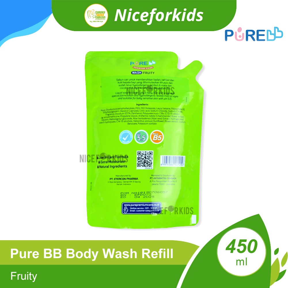 Pure Baby Premium Wash 450 ml / Pure BB Sabun Cair Mandi Bayi Premium Refill