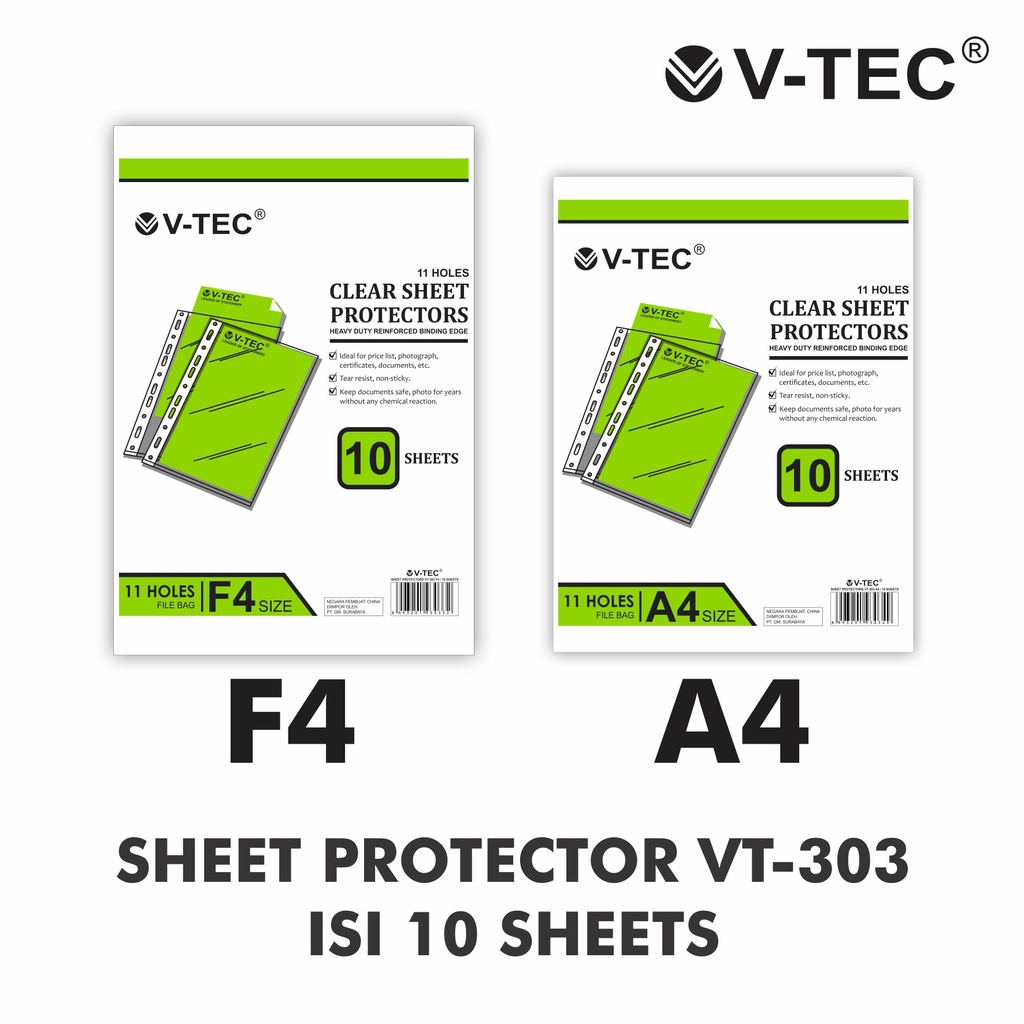 

V-TEC SHEET PROTECTOR A4 & FOLIO / 1 PCK ISI 10 LBR
