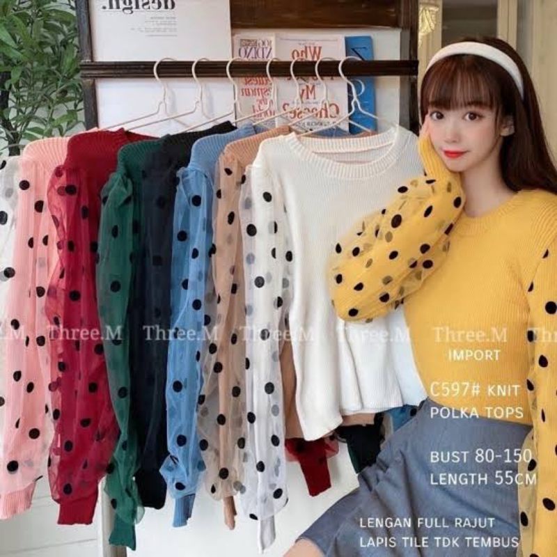 ATASAN WANITA POLKA BLOUSE RAJUT IMPORT LENGAN BALON