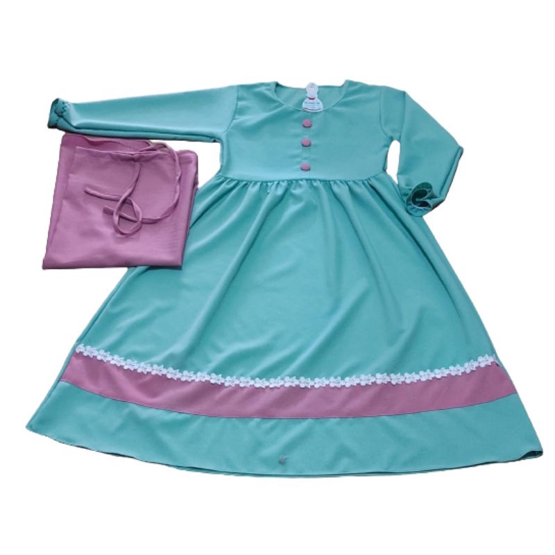 Set gamis anak perempuan kombinasi renda untuk usia 5-6 tahun Itycrepe