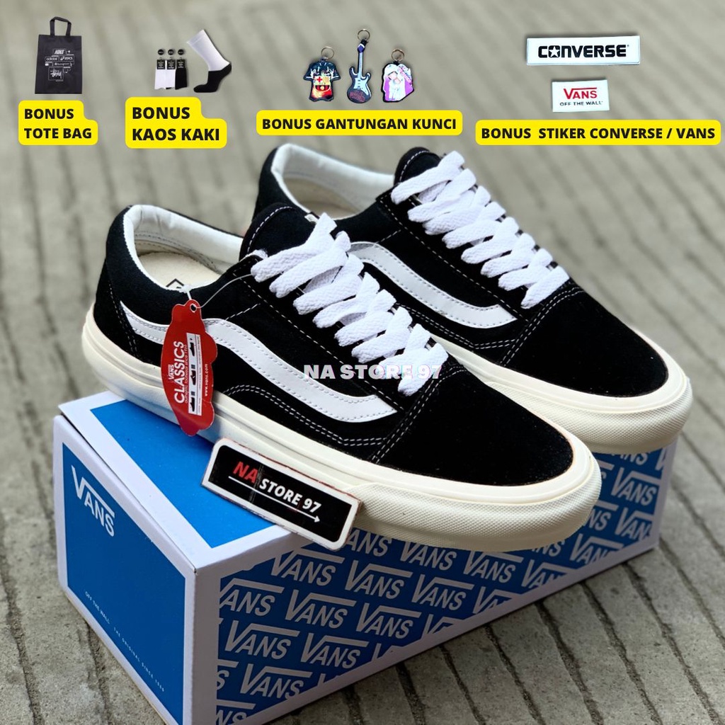 (GRATIS KAOS KAKI &amp; STIKER) Vans Oldskool OG Premium Quality Black White Sepatu Sekolah