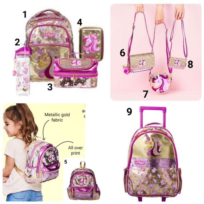 Smiggle GOLD trolley backpack unicorn / tas sekolah anak ...