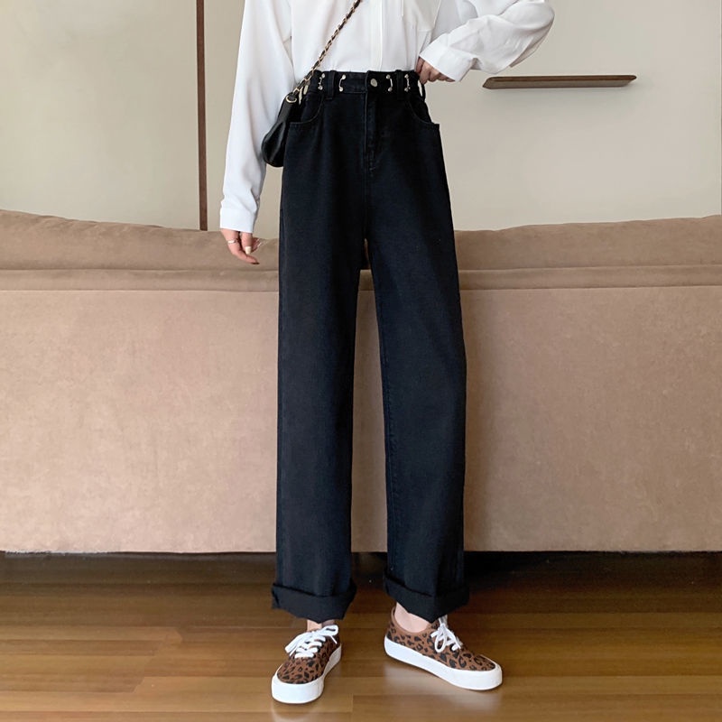 korean style putih/hitam loose straight high waist celana jeans pengait wanita