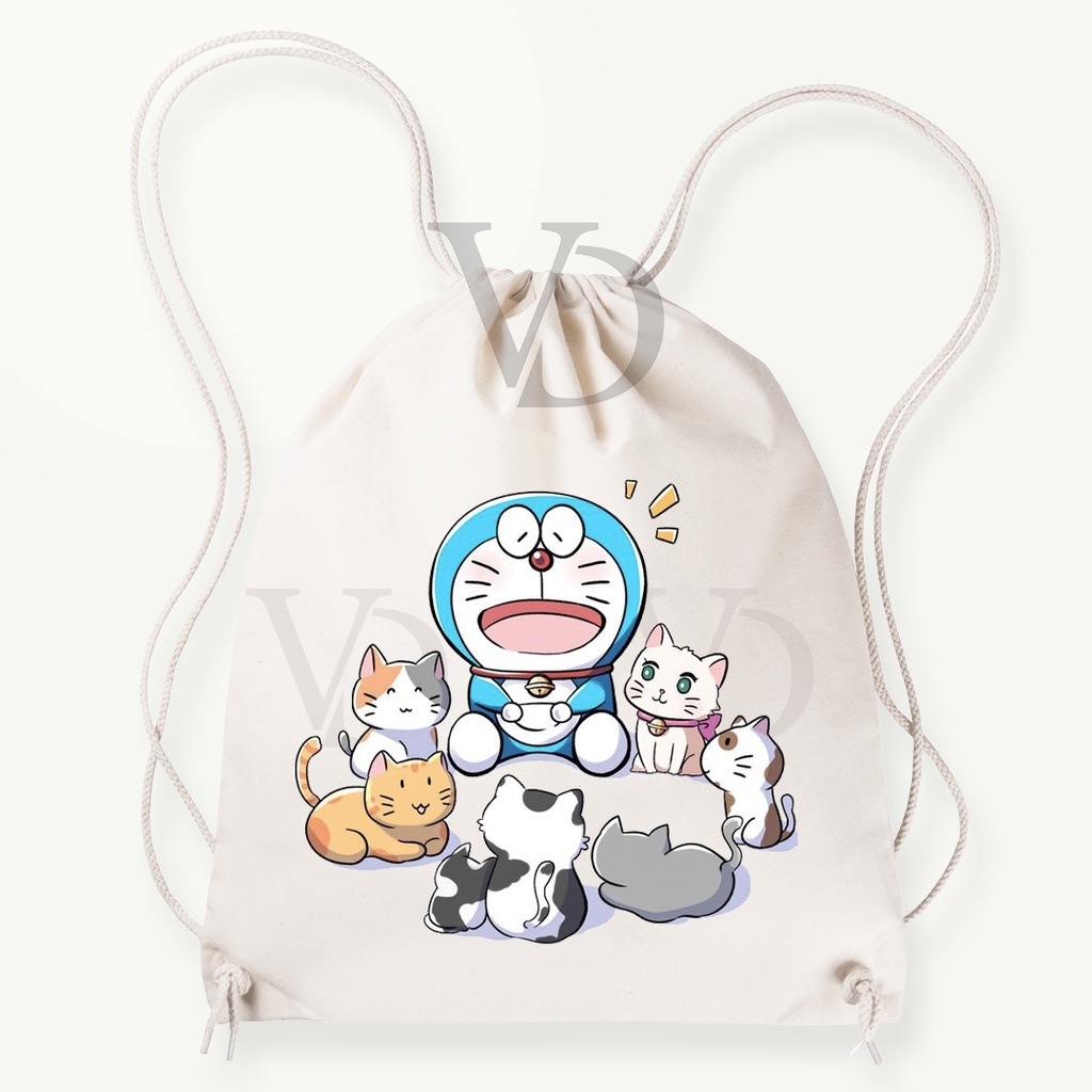 Tas Serut  kanvas  doraemon/ tas serut korea / tas lucu/ tas gendong kanvas / tas custom korea / tas motif animal