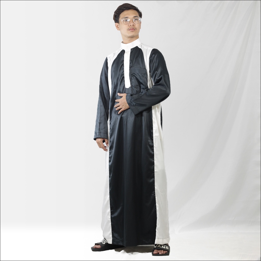 Gamis Pria Jubah Gamis Laki Laki seri Velvet Kombinasi Gamis Modern Gaya Casual Remaja dan Dewasa-Hitam Putih