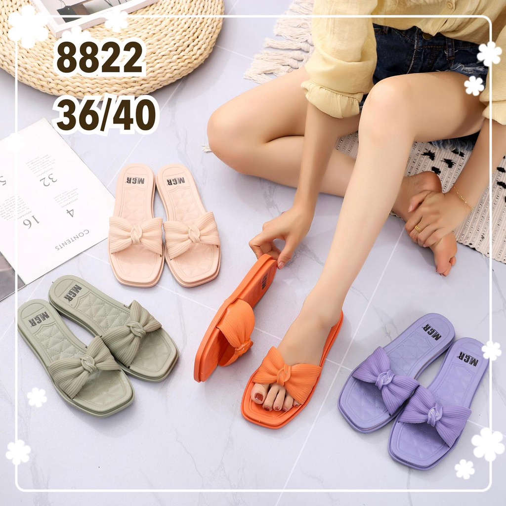 Sandal slop wanita ban pita kerutan Sol Motif super cantik mewah Import MGR Mokaya Morego Balance Breslin /Size 36-40 ( 8822 )