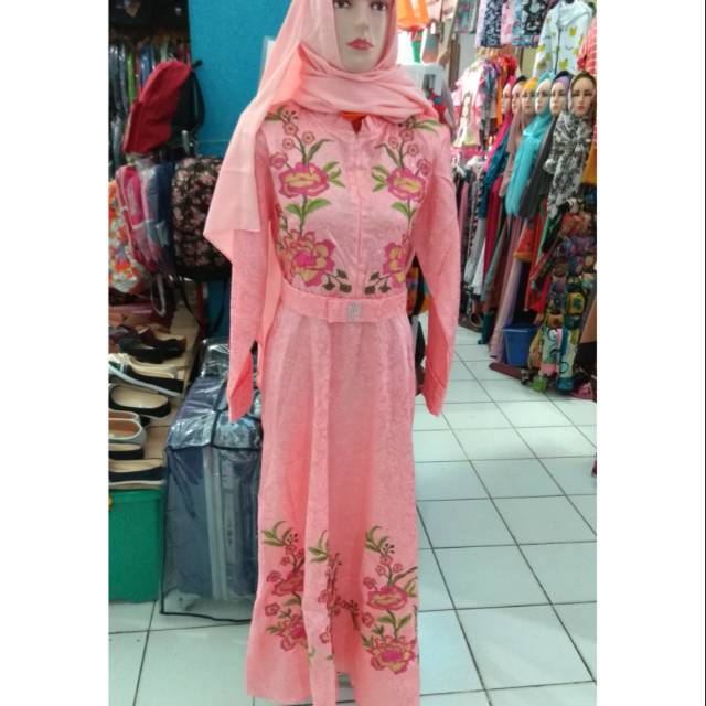 Gamis glitter bordir bunga bahan jaguar