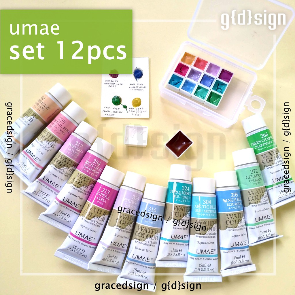 

Set 12pcs - Umae Macaron Watercolor - Share Tube Cat Air Hand Poured Dot Card Mini Pan Half Pan