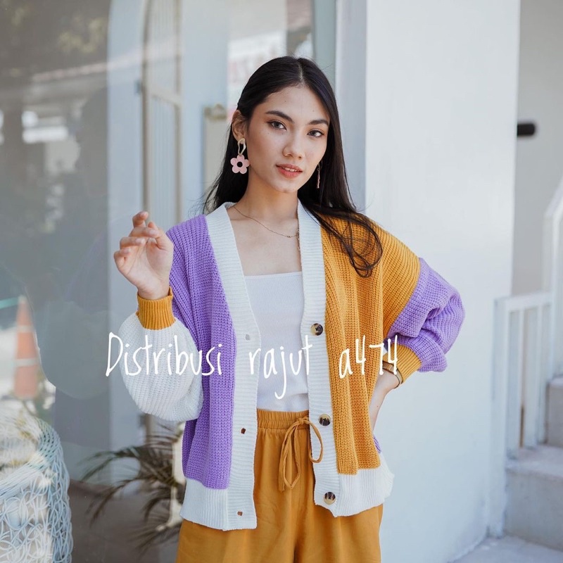 ROXANE MIC ABSTRAK TWO TONE CARDIGAN RAJUT OVERSIZE JUMBO PREMIUM COMBINE WANITA TEBAL JUMBO