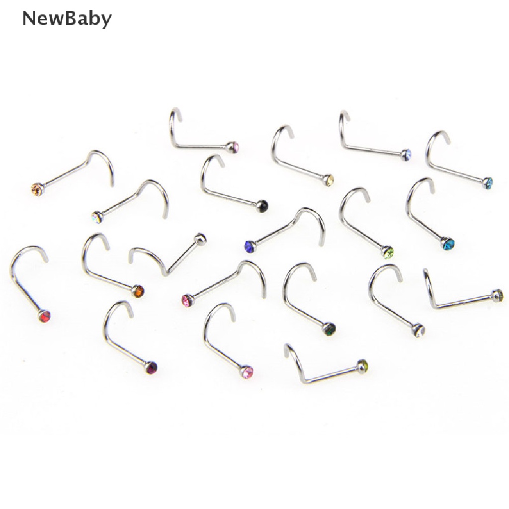 20pcs / Set Anting Tindik Hidung Bahan Stainless Steel Hias Kristal Berlian Imitasi Untuk Wanita