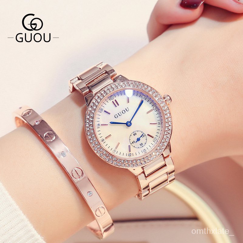 GUOU Fashion Wanita Jam Tangan Kuarsa Atmosfer Penuh Diamond Karakter dan Gambar Cahaya Biru Cer 8141