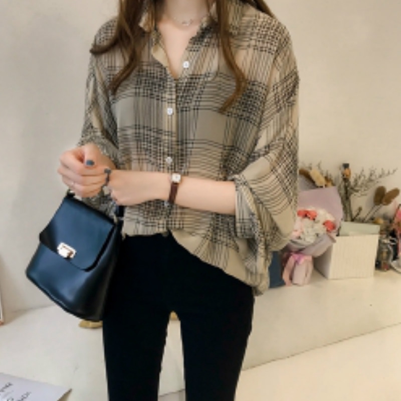 kemeja wanita lengan panjang retro kotak-kotak longgar plus ukuran-4