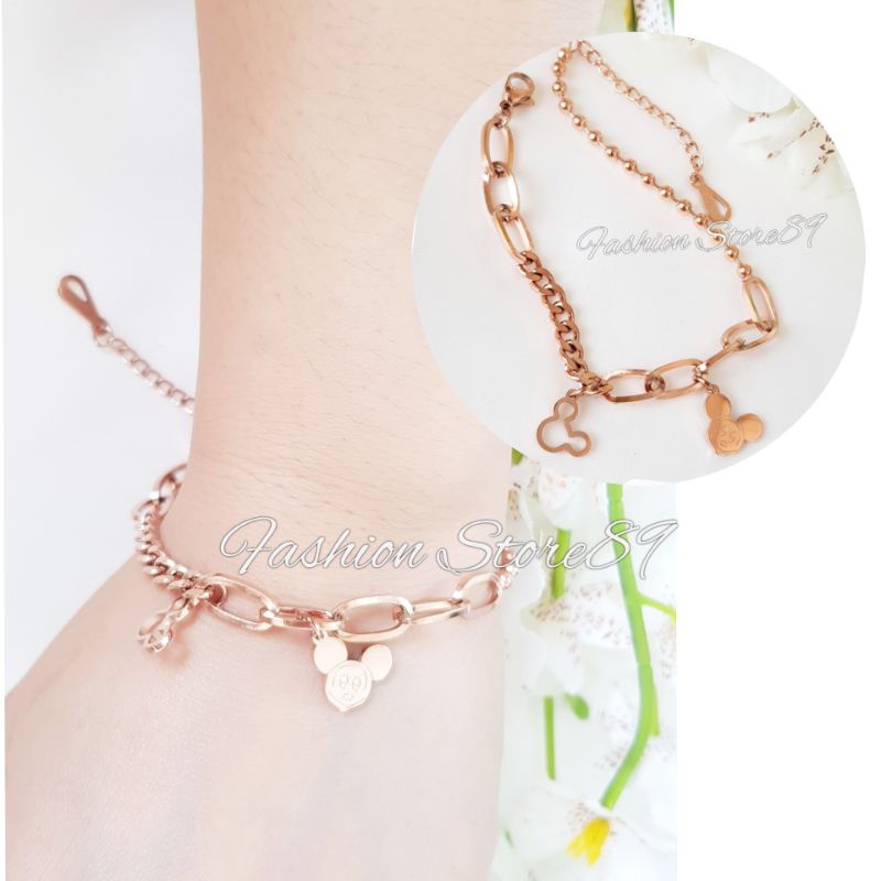 Gelang Mickey Titanium Rosegold Rantai Kombinasi Fashion Impor Antikarat Bestquality