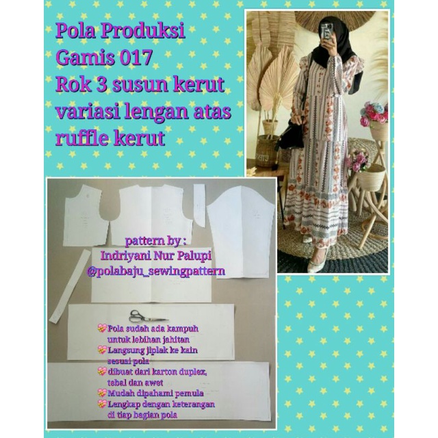 Pola Gamis 017 - Pola baju gamis rok 3 susun kerut - Pola Produksi gamis