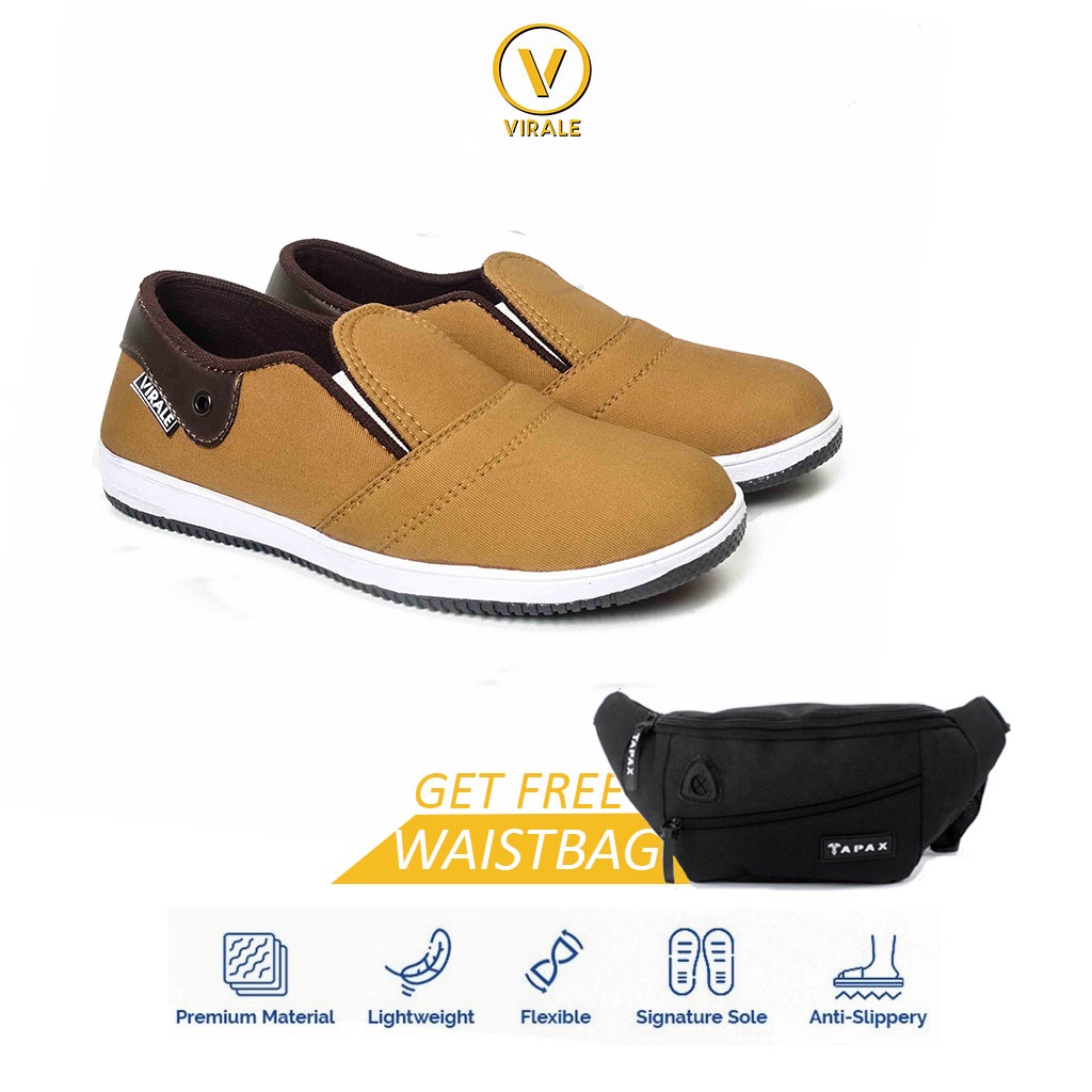 Sepatu Pria Slip On Kasual Bahan Canvas CS 01 TAN GRATIS Tas Selempang