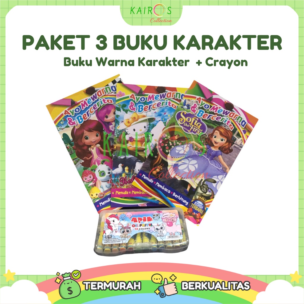 Buku Mewarnai Anak Karakter &amp; Crayon 12 Warna Paket Edukasi