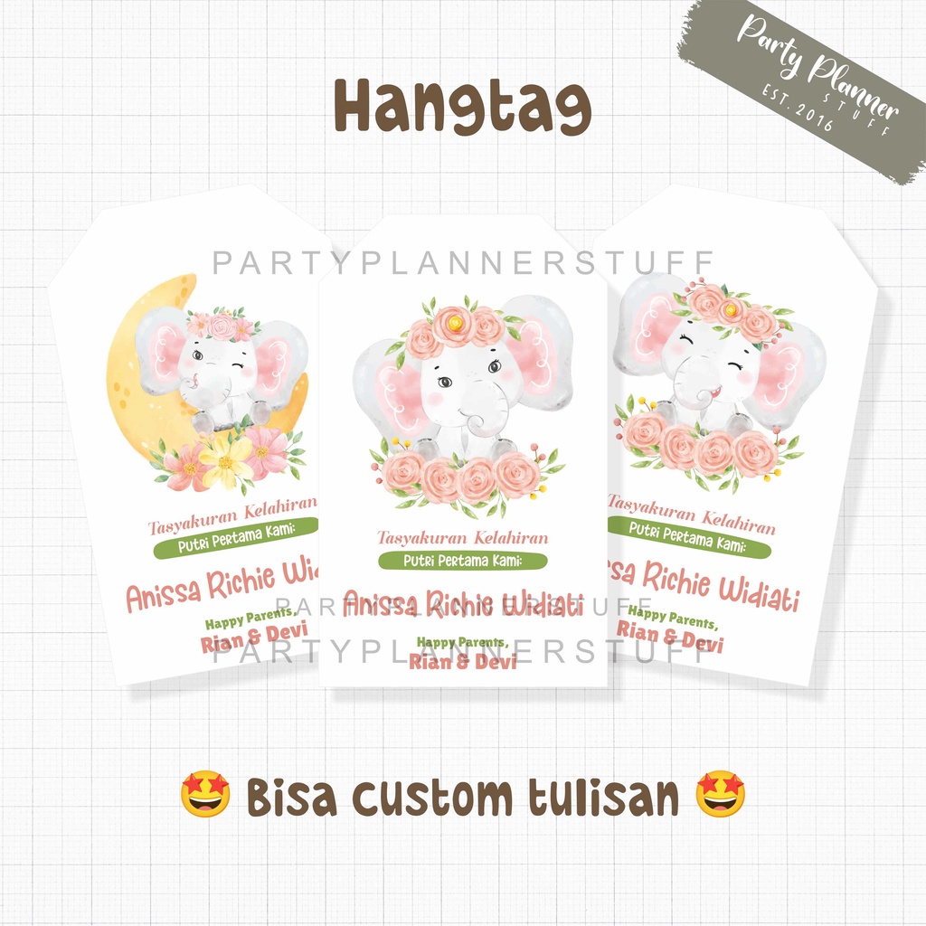 Hangtag / tag souvenir tema baby elephant gajah pink ucapan kelahiran bayi / selapanan / tasyakuran 