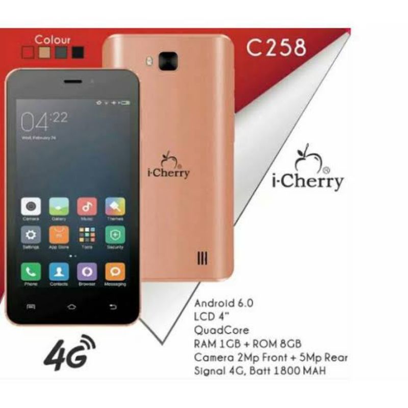 Promo Terbatas HP Android ICHERRY C258 4G Termurah - Ram 1/8Gb, Quadcore, Layar 4inch, Android 6.0, 
